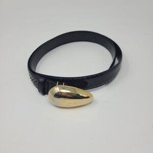 Ritz collection Black Snakeskin leather belt with gold buckle M L 3107G